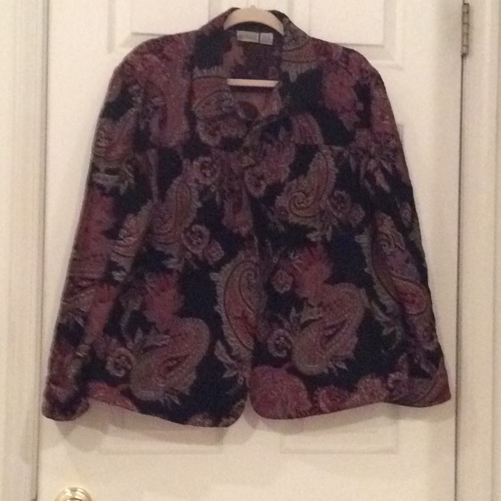 Chico’s black, red, and beige jacket. Paisley.